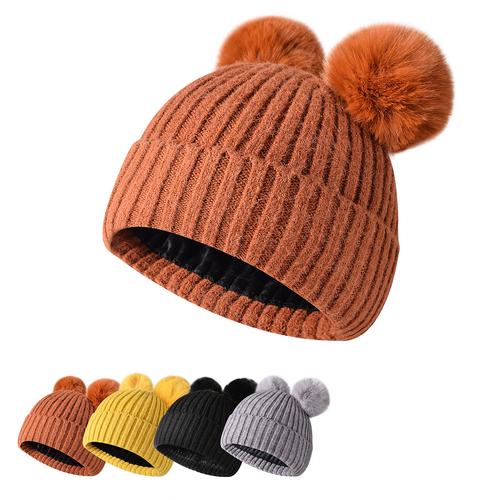 毛球帽厂家供应可爱女生球球帽子 冬季加绒保暖针织帽 亮色毛线帽